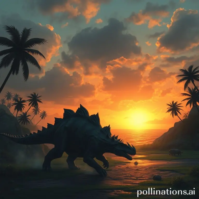 Ankylosaurus hunting on a tropical coast at sunset, dark fantasy style.