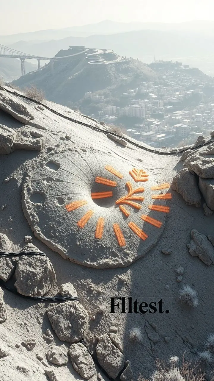 Infrared photo of an annotated fossil with frost and distant Turkish city.