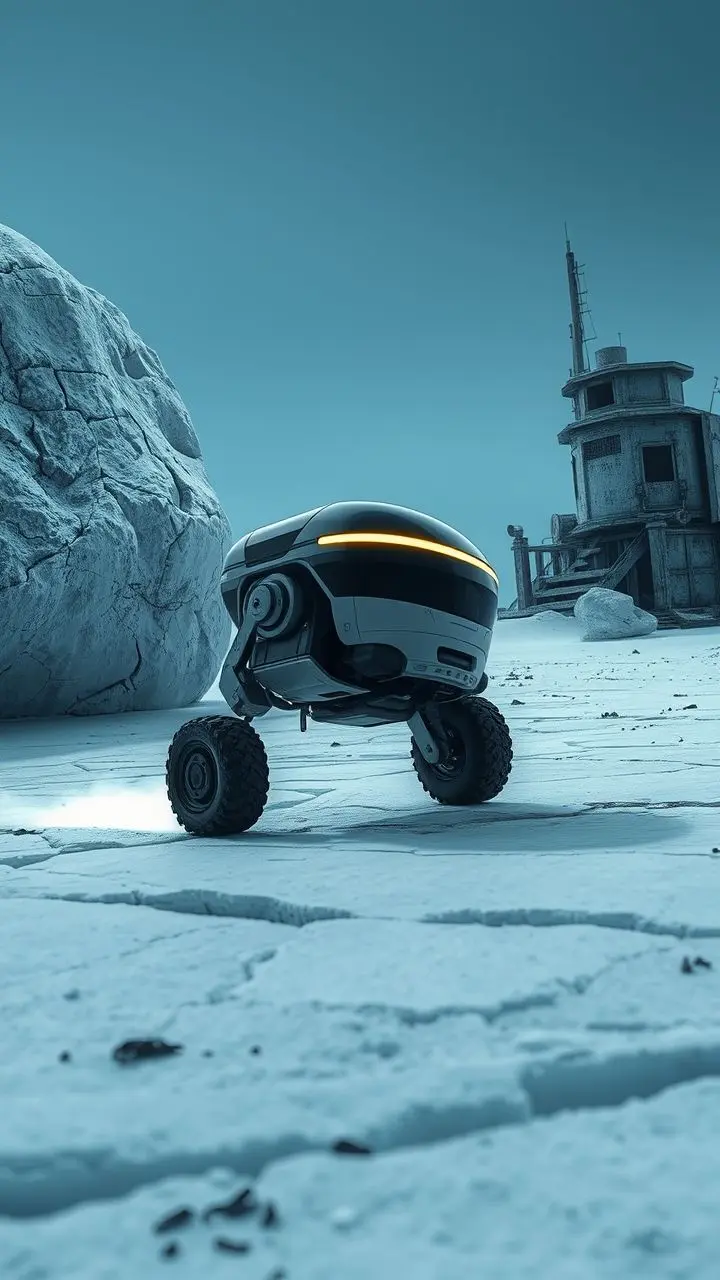 Futuristic robot vacuum falling in Antarctica.