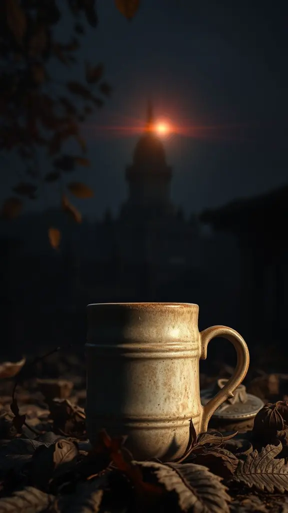 Steampunk mug in ancient ruins with stupa and lens flare.