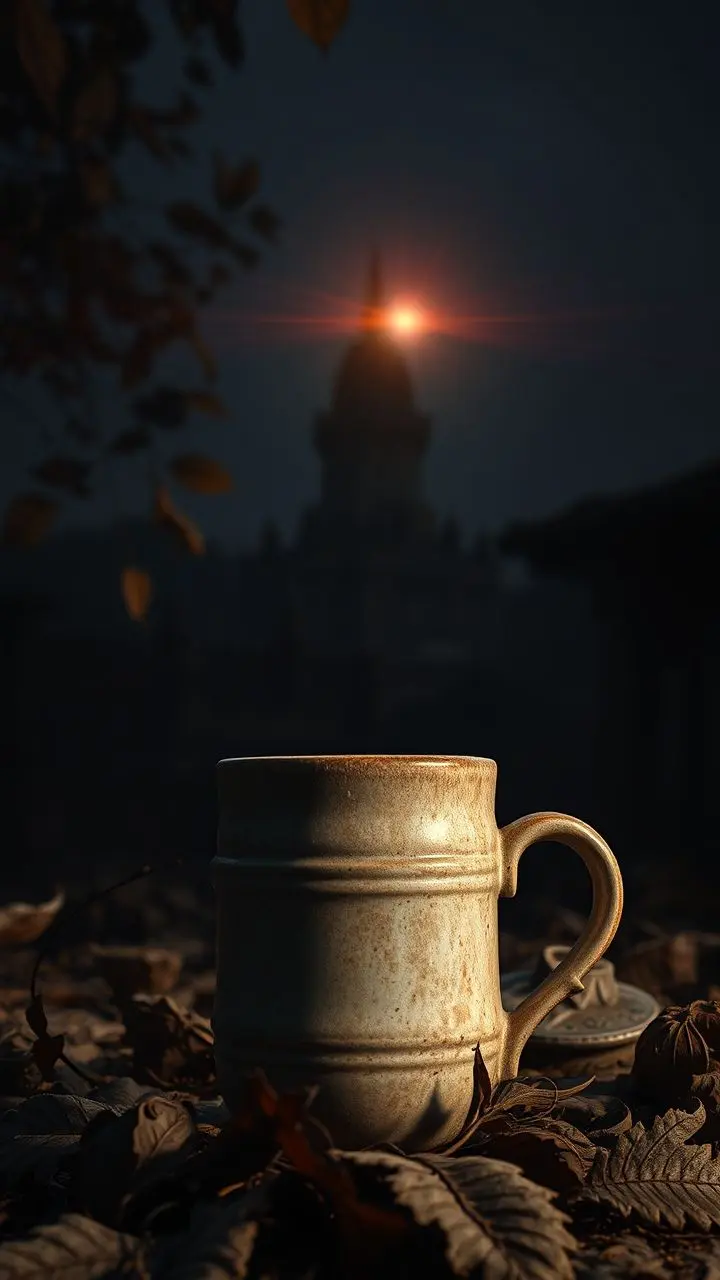 Steampunk mug in ancient ruins with stupa and lens flare.