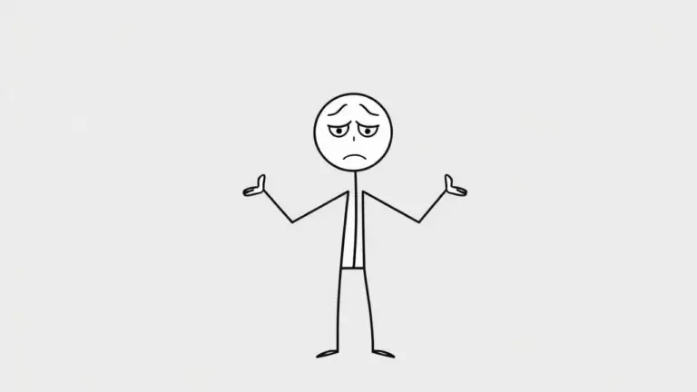 Minimalist stick figure with arms up and worried expression on gray background.