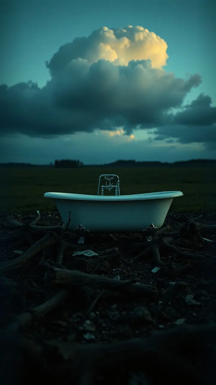Clawfoot bathtub in broken roots under twilight roll cloud, vintage film quality.