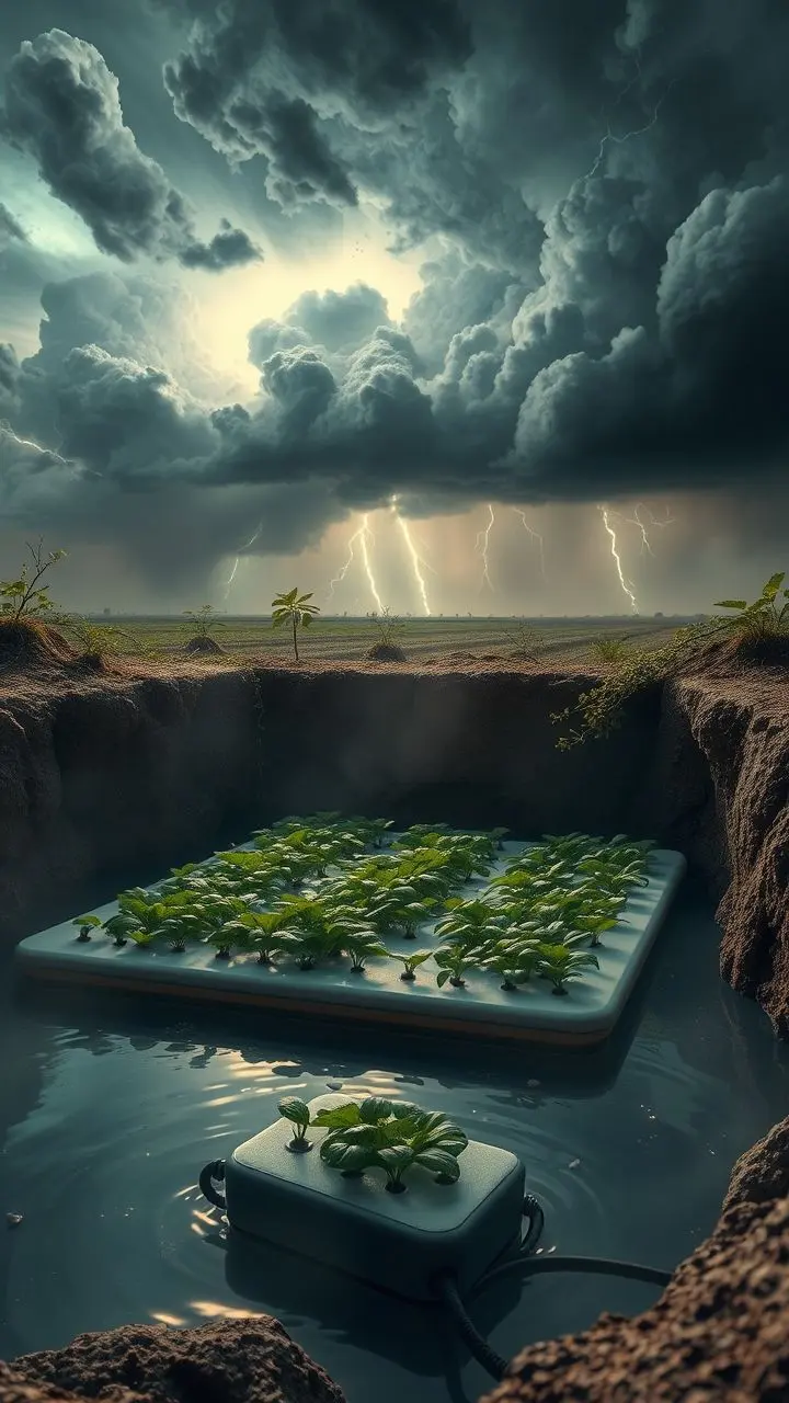 Aquaponics system in a pit during a stormy, dusty scene with AI hallucination effects.