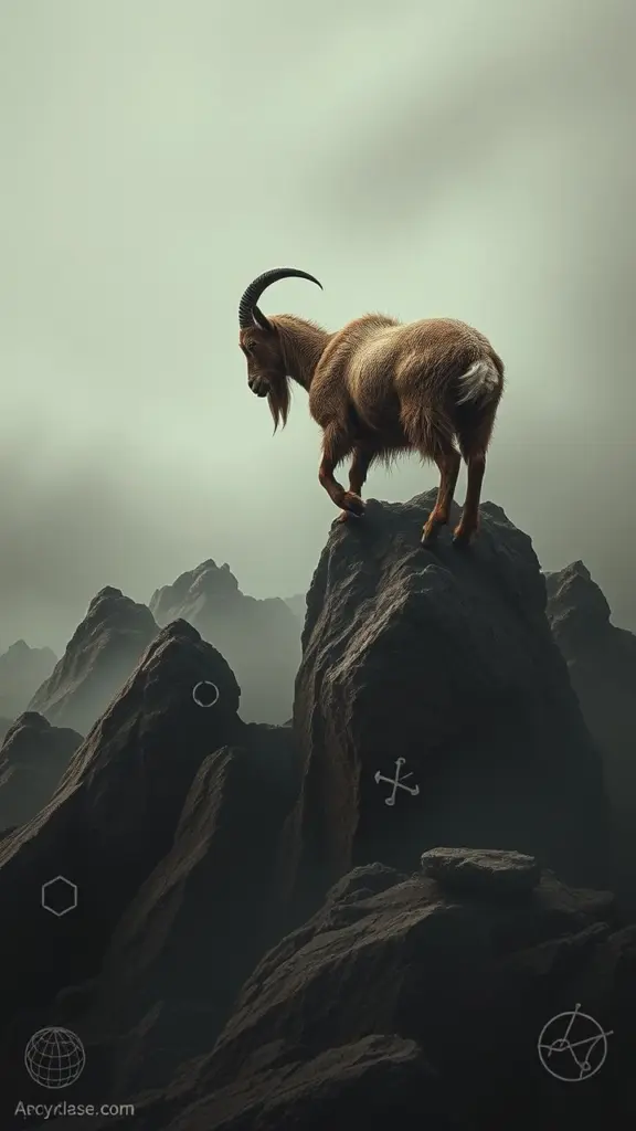 Goat climbing jagged rocks in a surreal, misty landscape with pharmaceutical symbols.