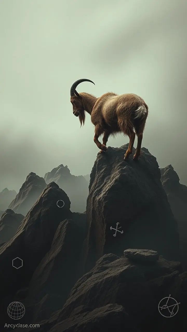 Goat climbing jagged rocks in a surreal, misty landscape with pharmaceutical symbols.