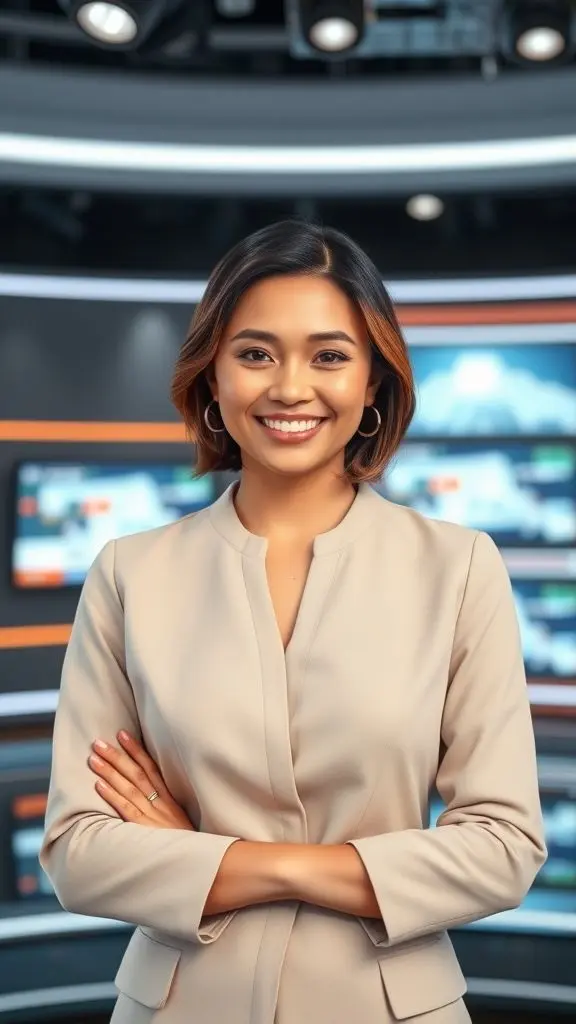News anchor smiling in a studio.
