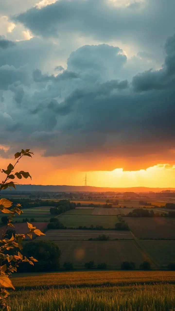Rural landscape with farms under a stormy dusk sky, featuring lens flare and radiant leaves.