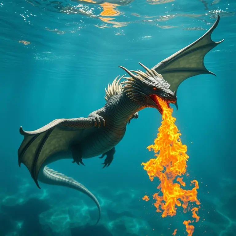 Dragon breathing fire underwater