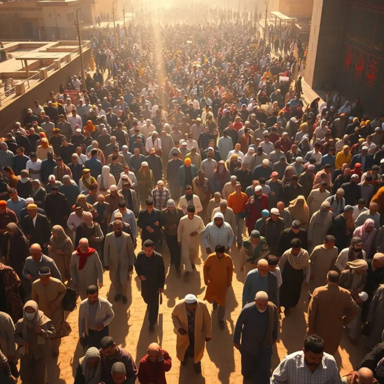Aerial view of pilgrims walking on a dusty path during Arbaeen.