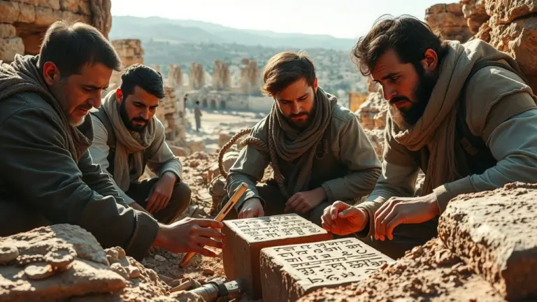 Archaeologists excavating glowing Aramaic tablets in a biblical landscape.