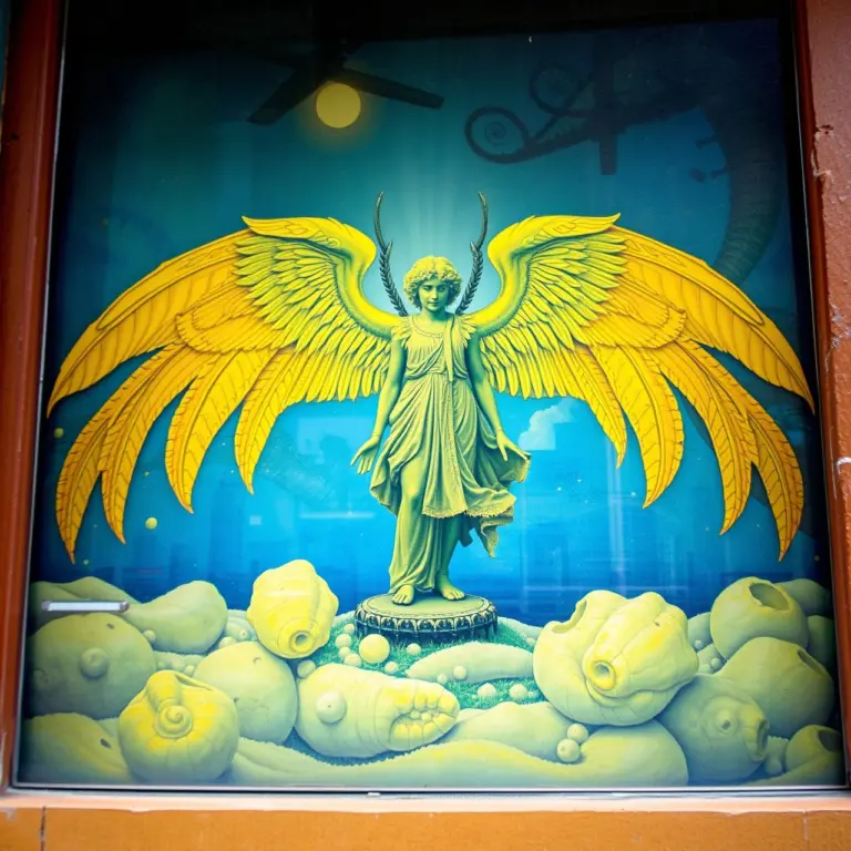 Surreal painting of an archangel's reflection in a shop window.
