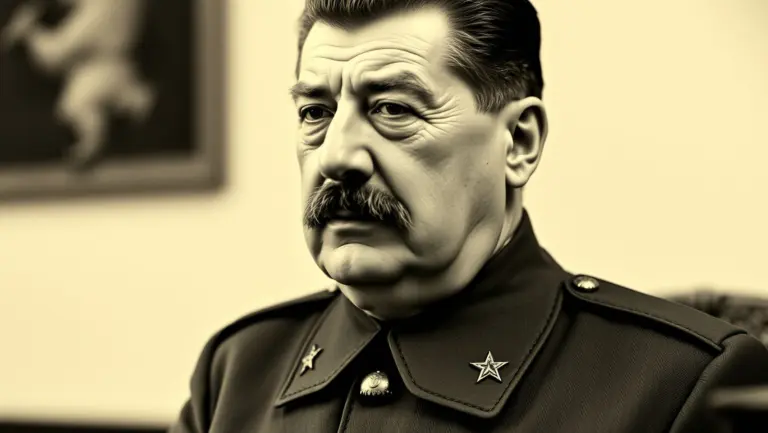 Black and white historical portrait of Joseph Stalin in military uniform.