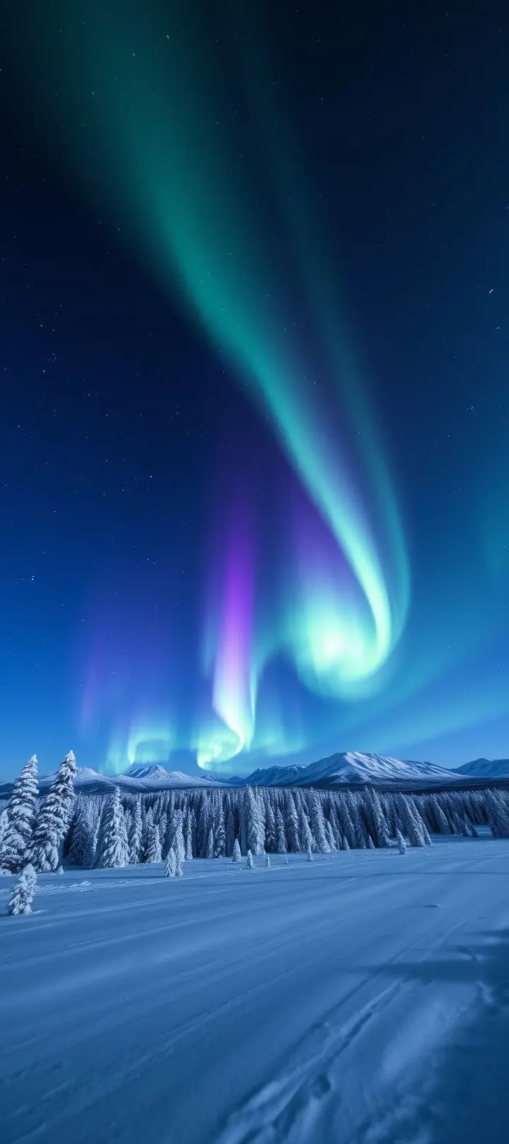 Northern lights over a snowy forest and mountains in the Arctic.