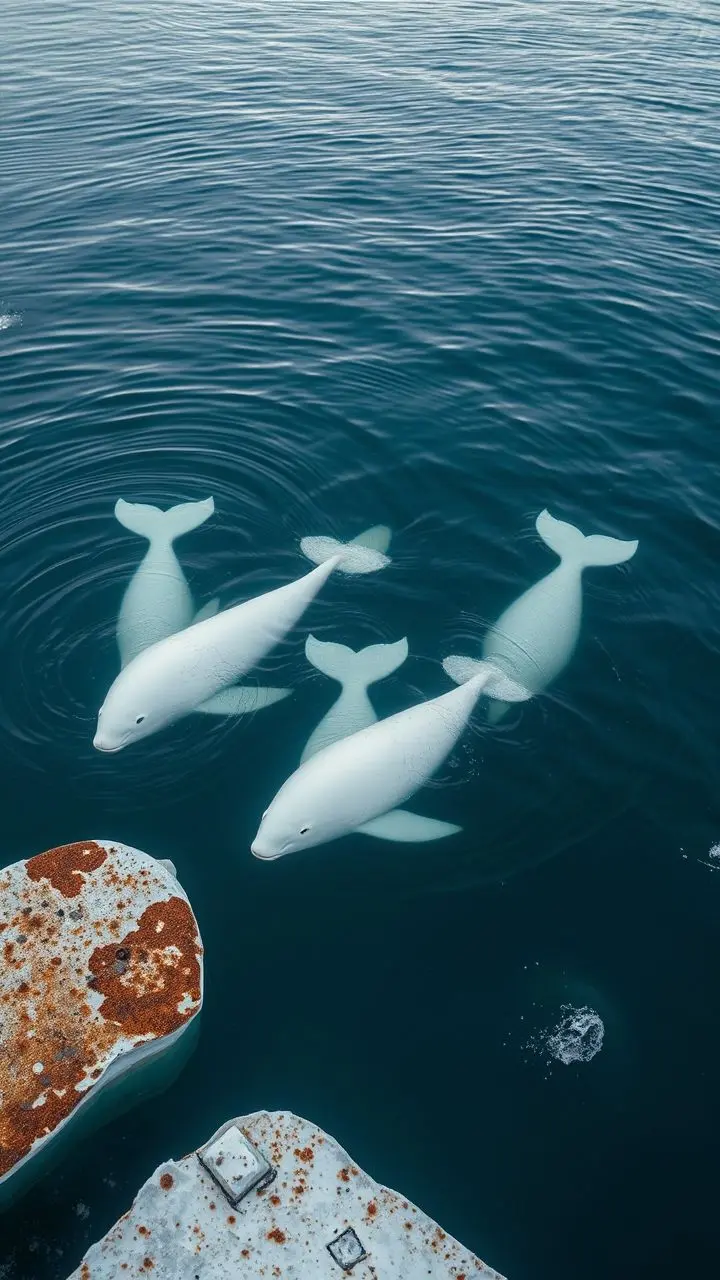 Beluga whales swimming in the Arctic ocean near ice.