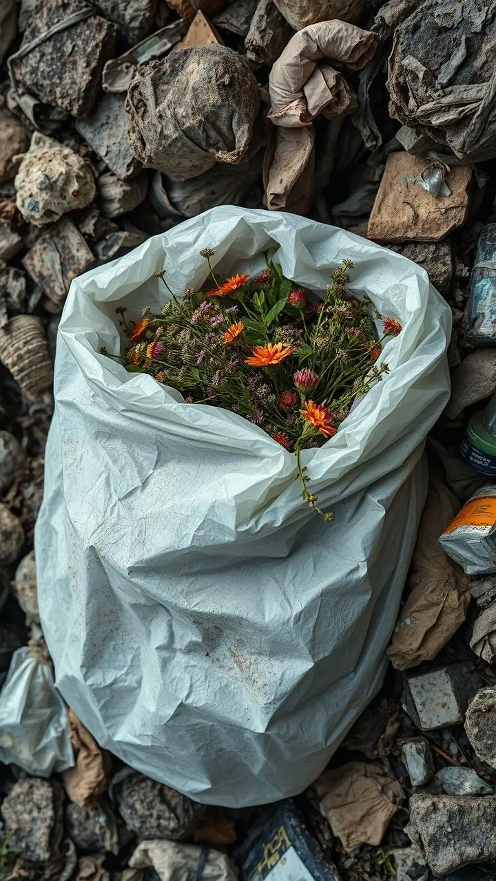 Hyperrealistic image of a garbage bag spilling wormwood and herbs, showing sharp detail and soft light.
