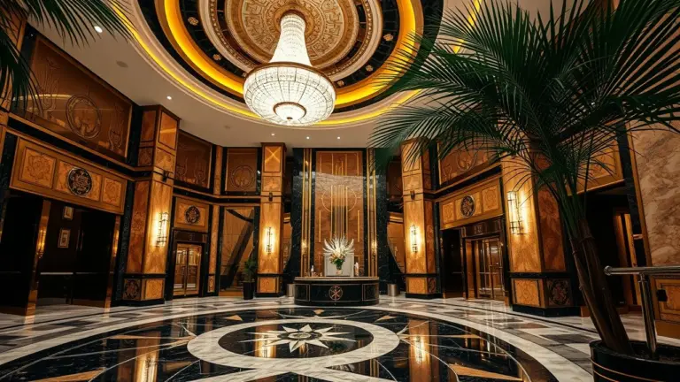 Art Deco hotel lobby with geometric gold and black marble and a crystal chandelier.