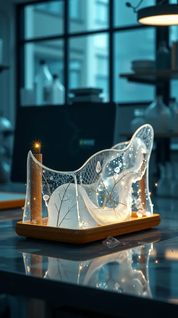 Sleek bamboo desk organizer with ice accretion and twinkling outlines in a lab.
