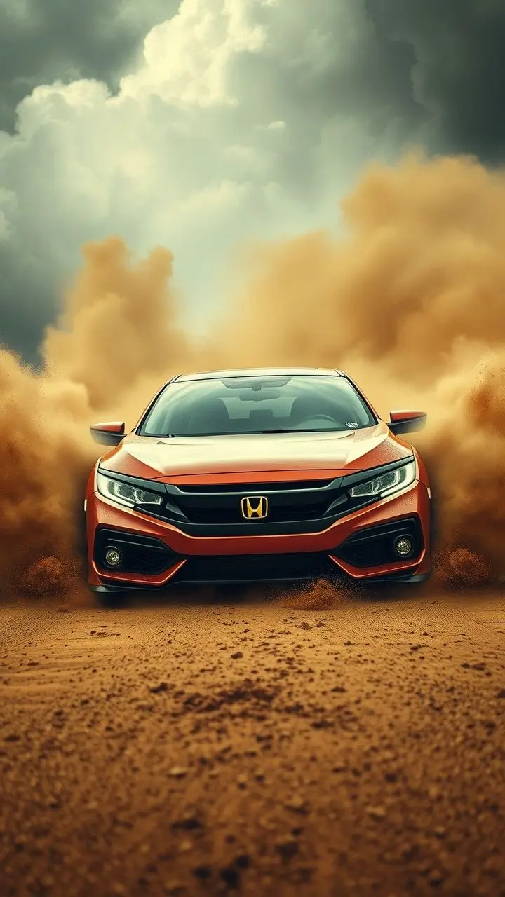 Modified Honda Civic driving through a dusty monsoon storm, Art Nouveau style.