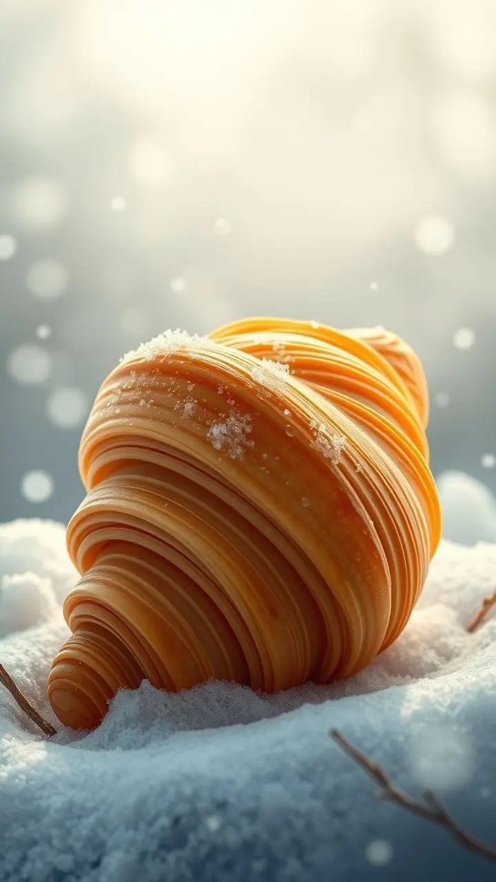 Golden croissant in a misty winter storm, Art Nouveau style.
