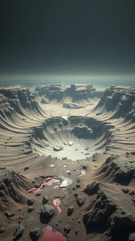 Art Nouveau style meteor crater with fractured rock and emerging growth.