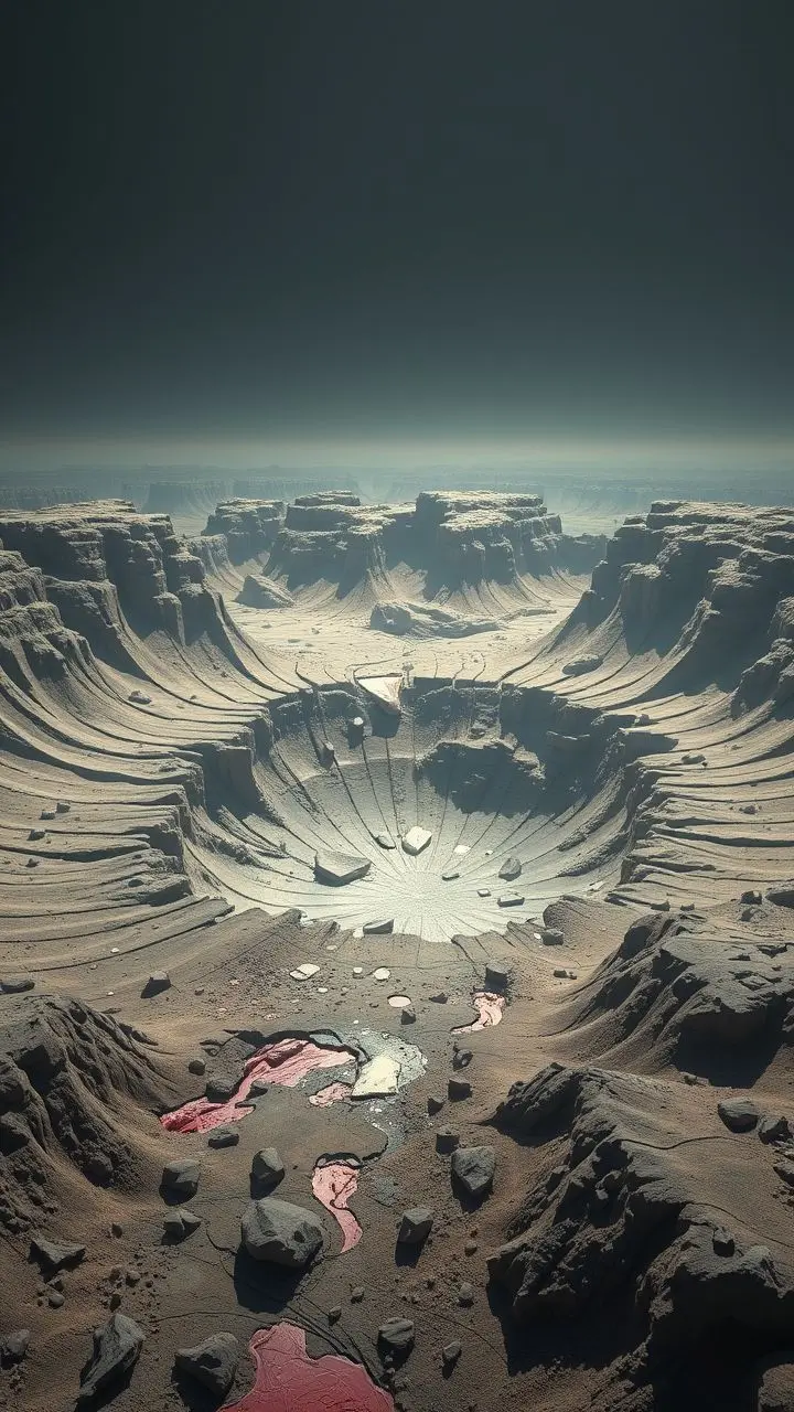 Art Nouveau style meteor crater with fractured rock and emerging growth.
