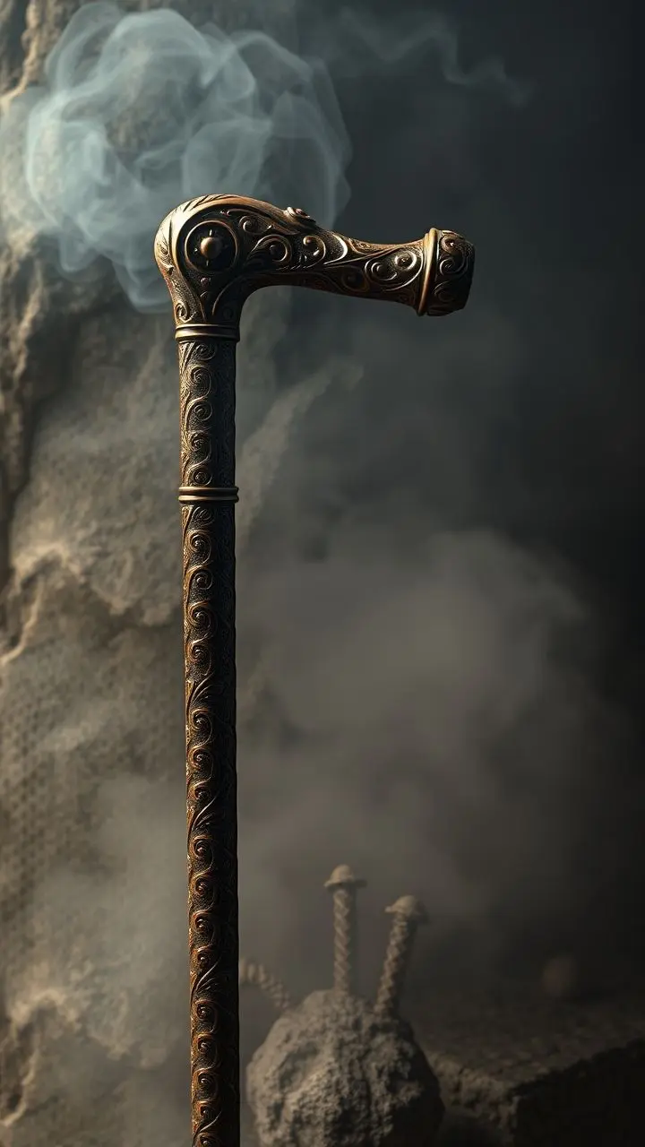 Intricately carved walking cane on smoky stone with abstract neural patterns.