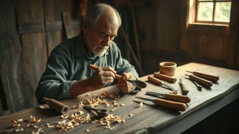 Craftsman carving a wooden spoon with hand tools.