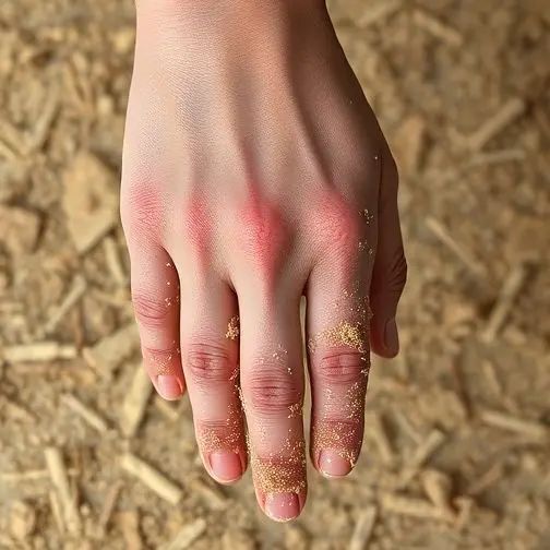 Slender hand with defined joints and sawdust.