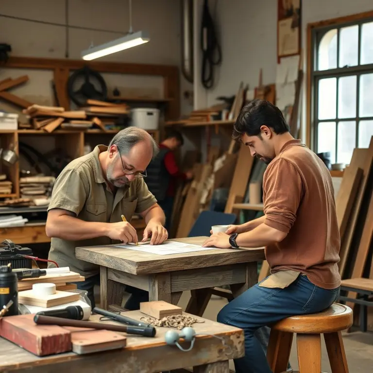 A cozy workshop with wooden benches, shelves of jars, and tools.