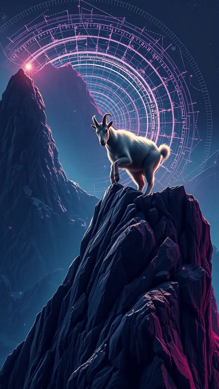 Mountain goat climbing a cliff with Fibonacci spirals and neon noir.