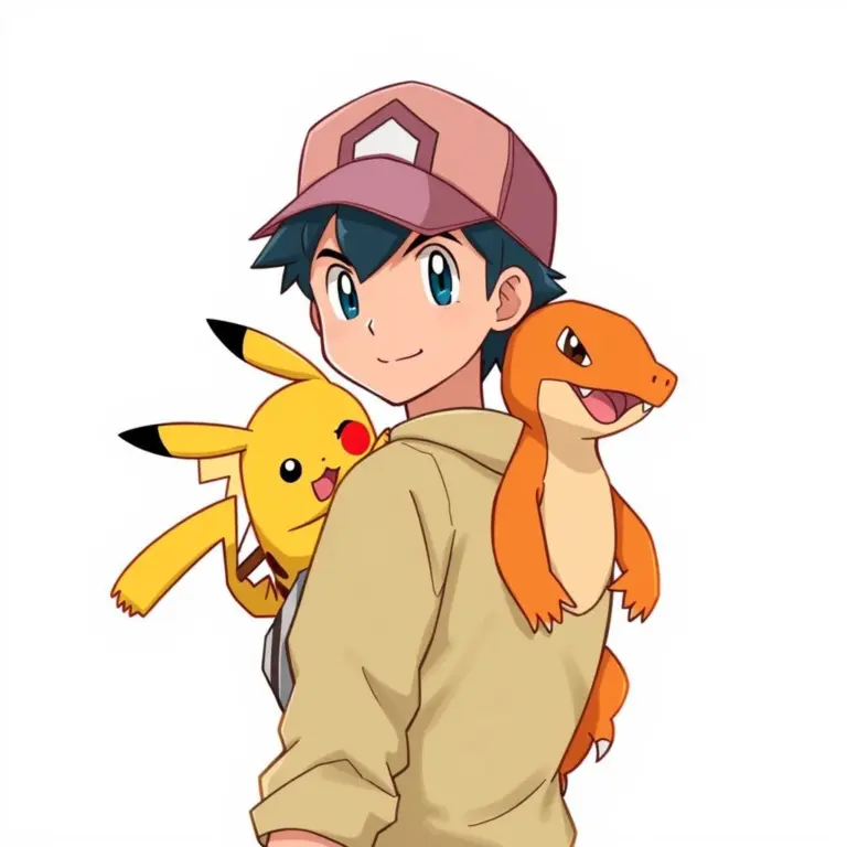 Ash Ketchum with Pikachu and Charizard.