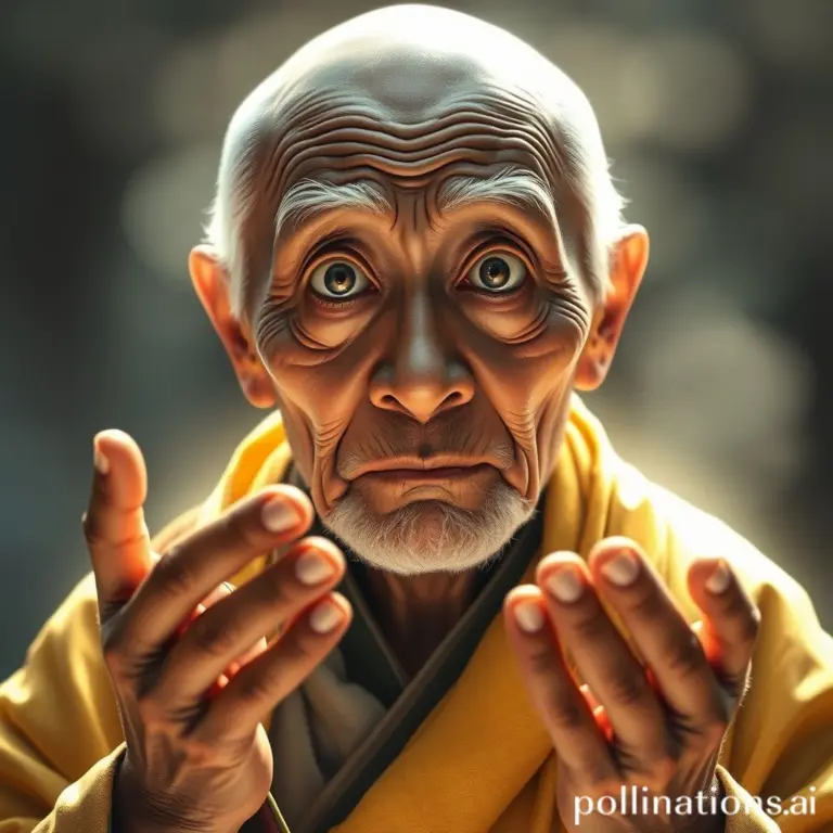 Buddhist monk surprised, white eyebrows, golden robes.