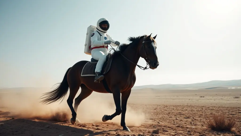 Astronaut riding a horse on Mars.
