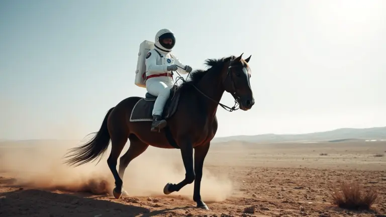 Astronaut riding a horse on Mars.