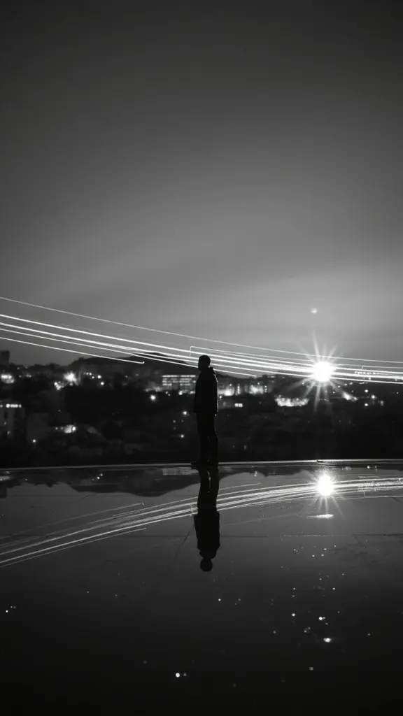 Monochrome infrared image of Athens cityscape at dawn with a reflective foreground and a solitary figure.