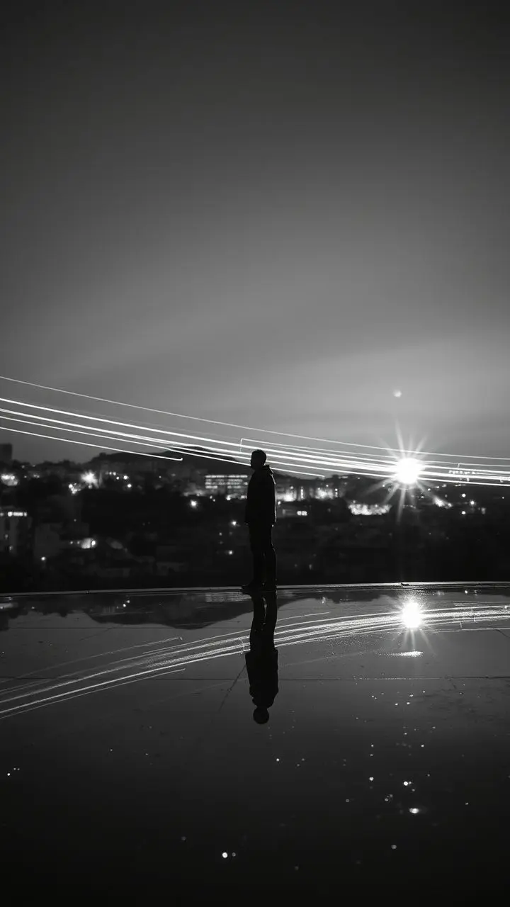 Monochrome infrared image of Athens cityscape at dawn with a reflective foreground and a solitary figure.
