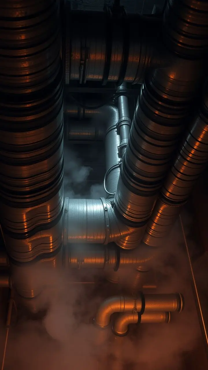 Dimly lit industrial HVAC ductwork with mist and tempera egg finish.