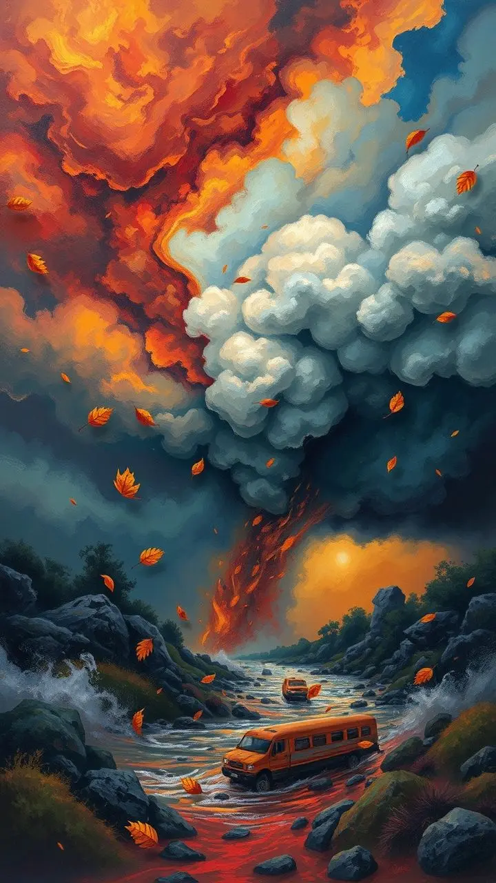 Chalk pastel art of atmospheric river landfall with smoky leaves and abstract elements representing health concerns.