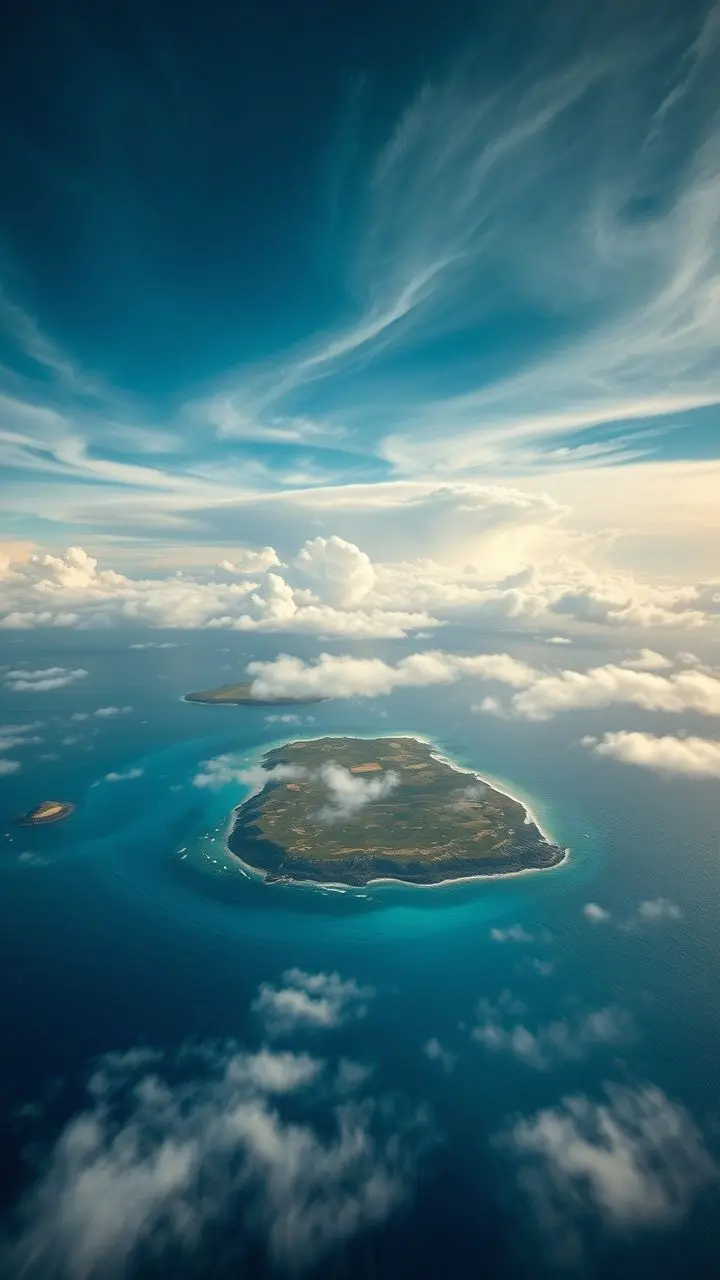 Aerial view of a European atoll with storm clouds and a distant tornado warning, in a minimalist style.