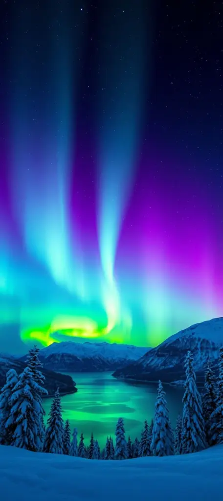 Aurora borealis in green, purple, and pink over a snowy Arctic landscape.