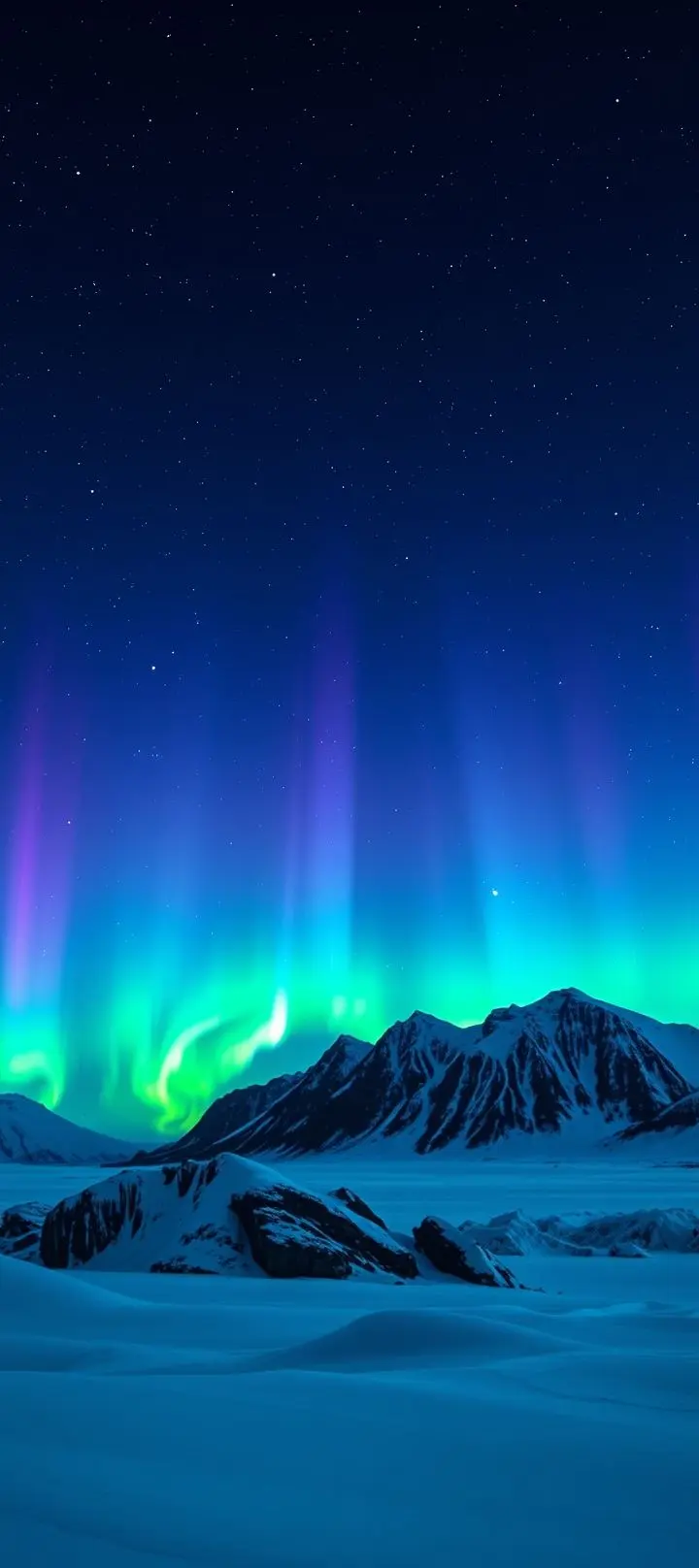 Vibrant aurora borealis in emerald and violet hues over a snow-covered Arctic landscape.