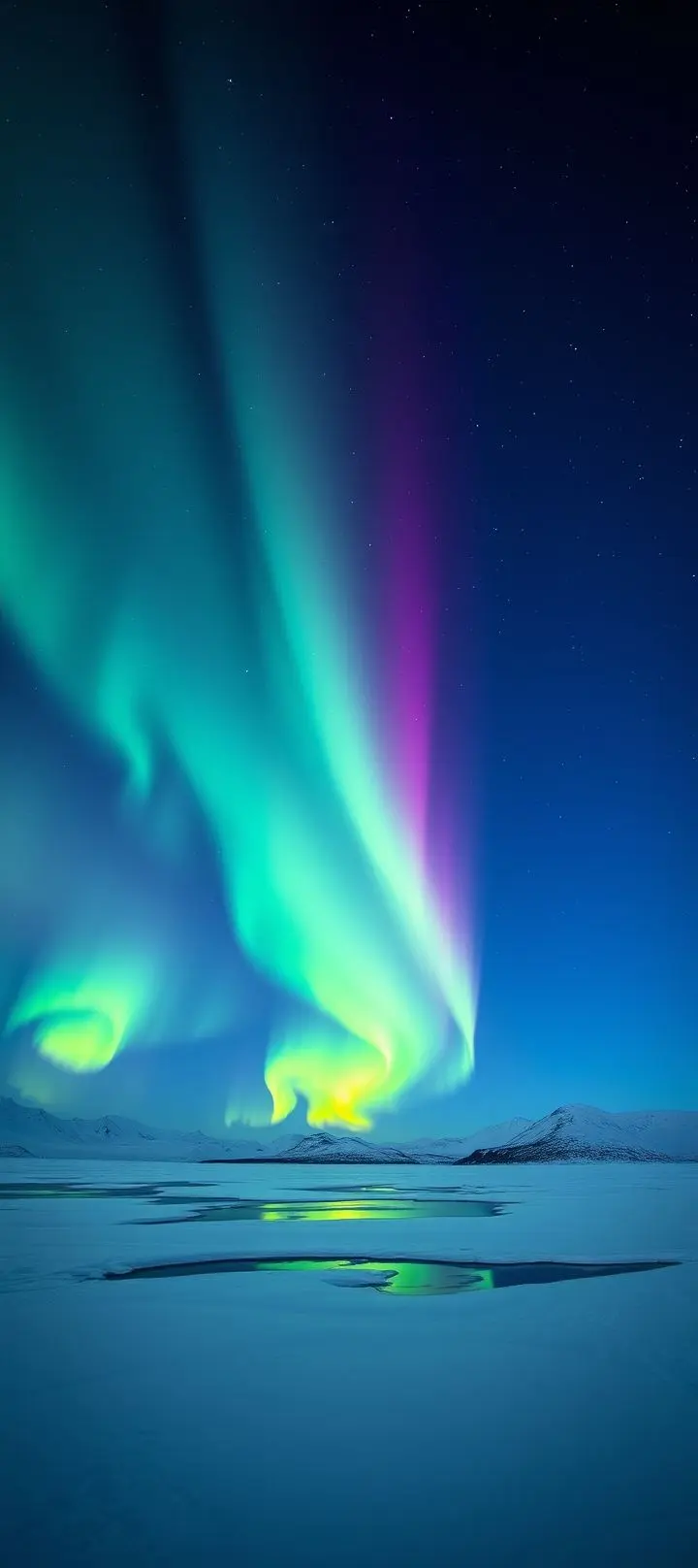 Northern Lights over a snowy landscape.