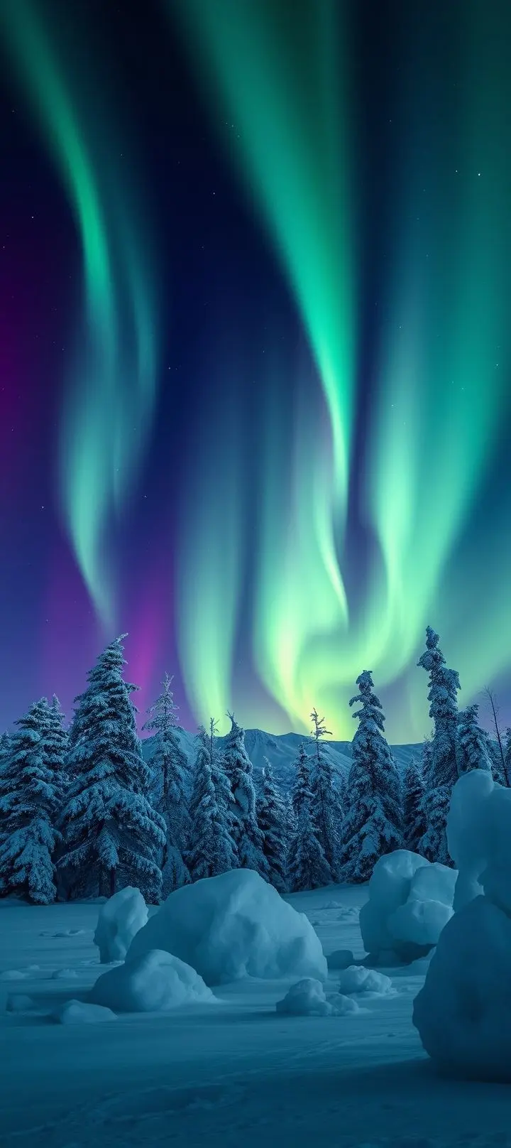 Vivid aurora borealis lights in green, purple, and pink dance over icy Arctic landscape with frost-covered trees.