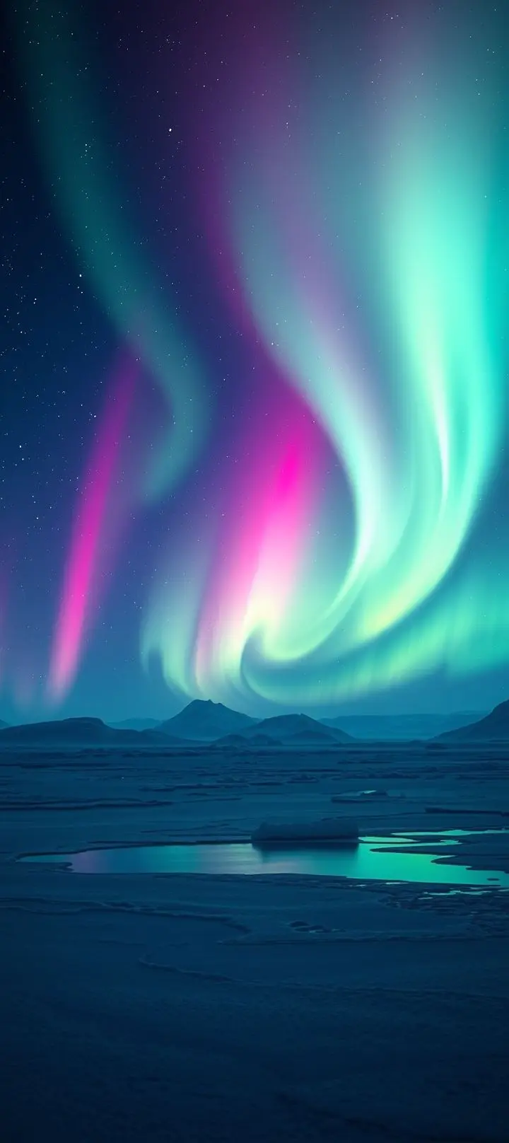 Aurora Borealis over icy Arctic terrain during polar night.