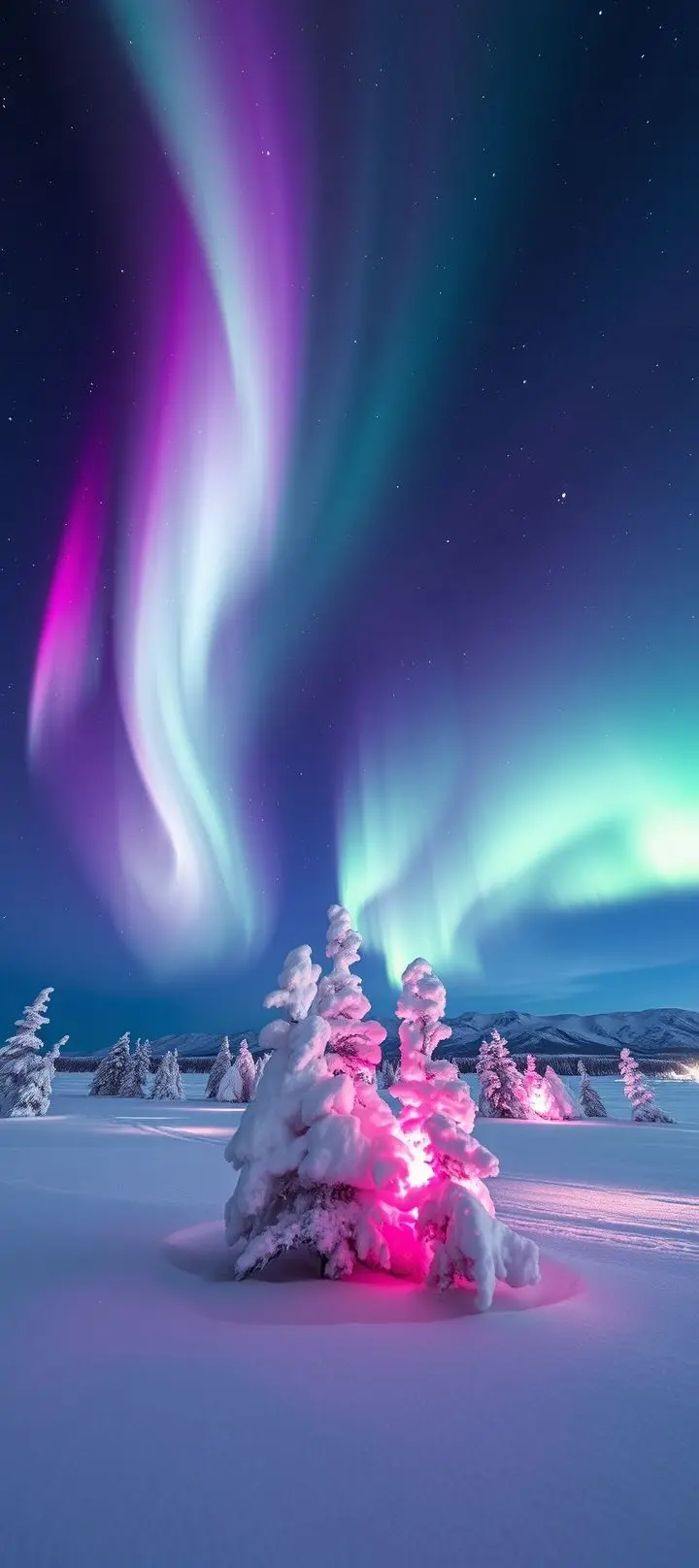 Northern Lights glowing over a snowy Arctic landscape.
