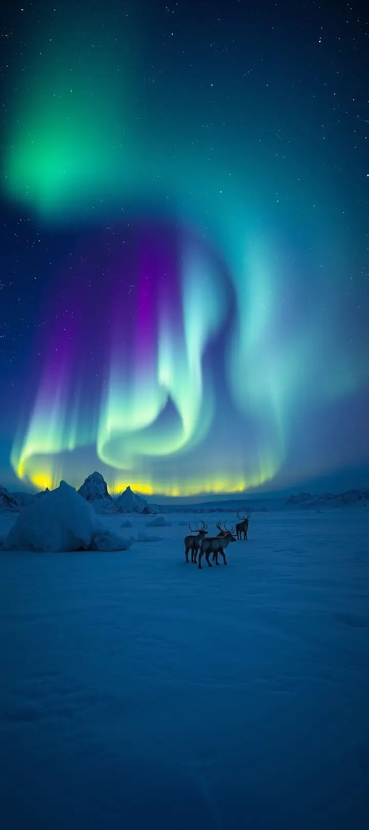 Northern Lights over a snowy Arctic landscape with reindeer.