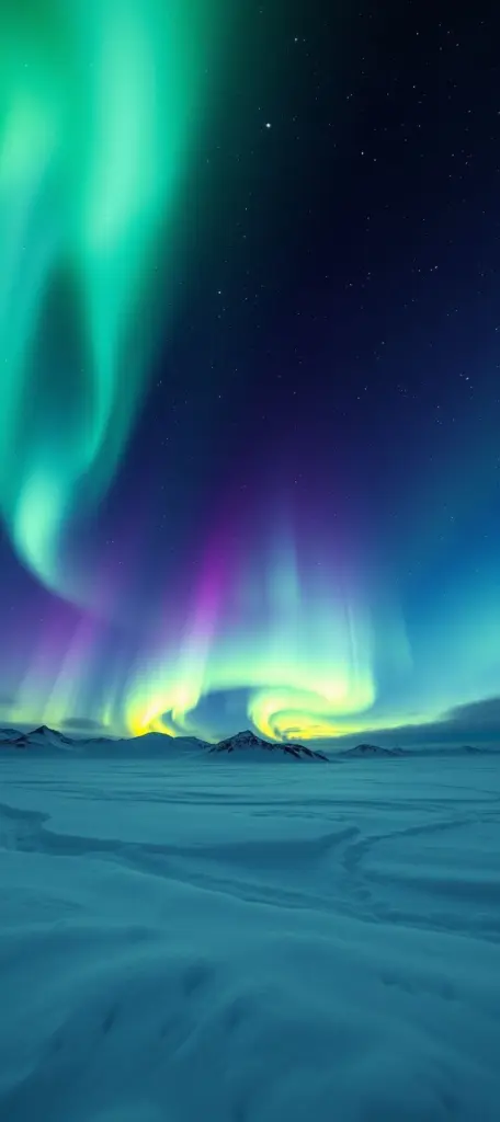 Northern Lights in polar night sky over snow.