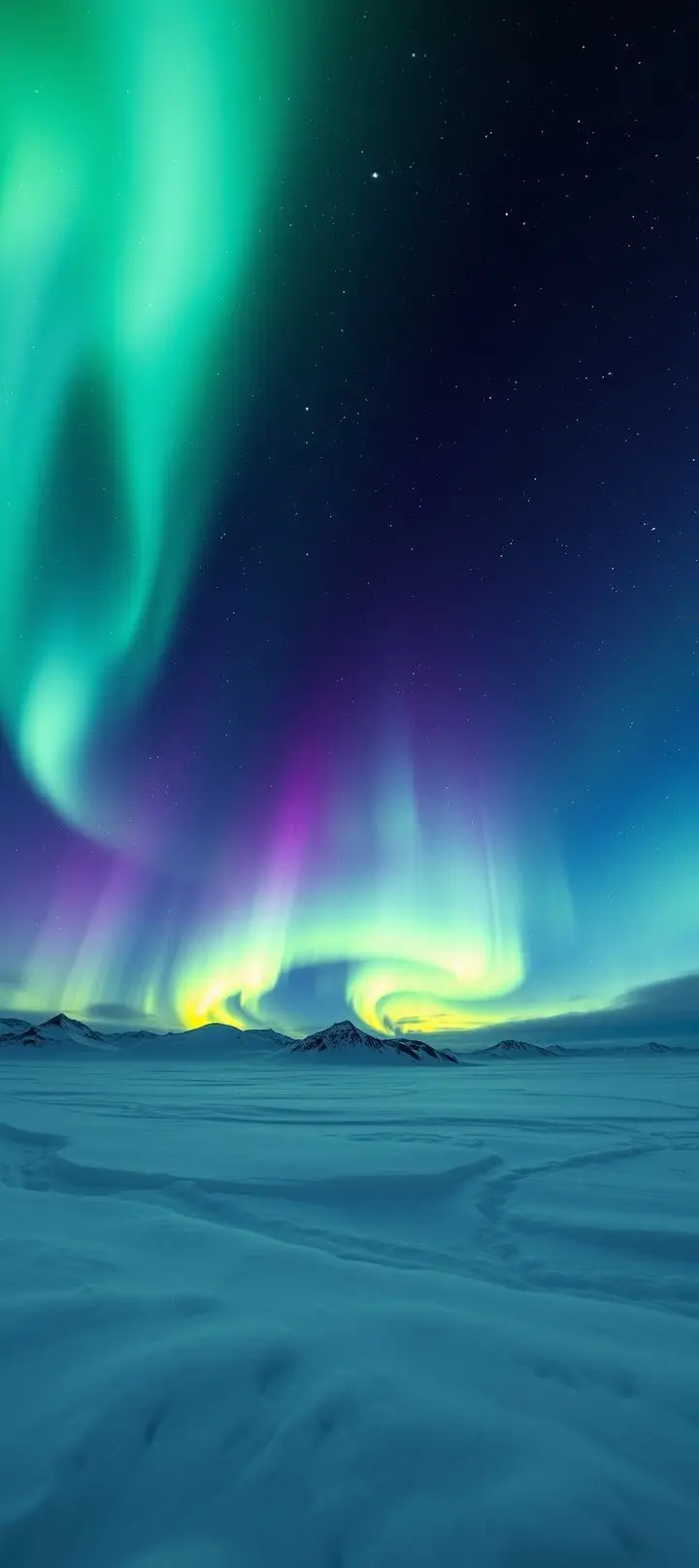 Northern Lights in polar night sky over snow.