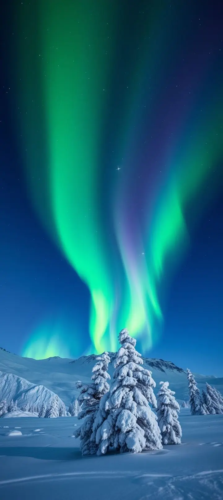 Northern Lights in a dark polar sky over a snowy landscape.
